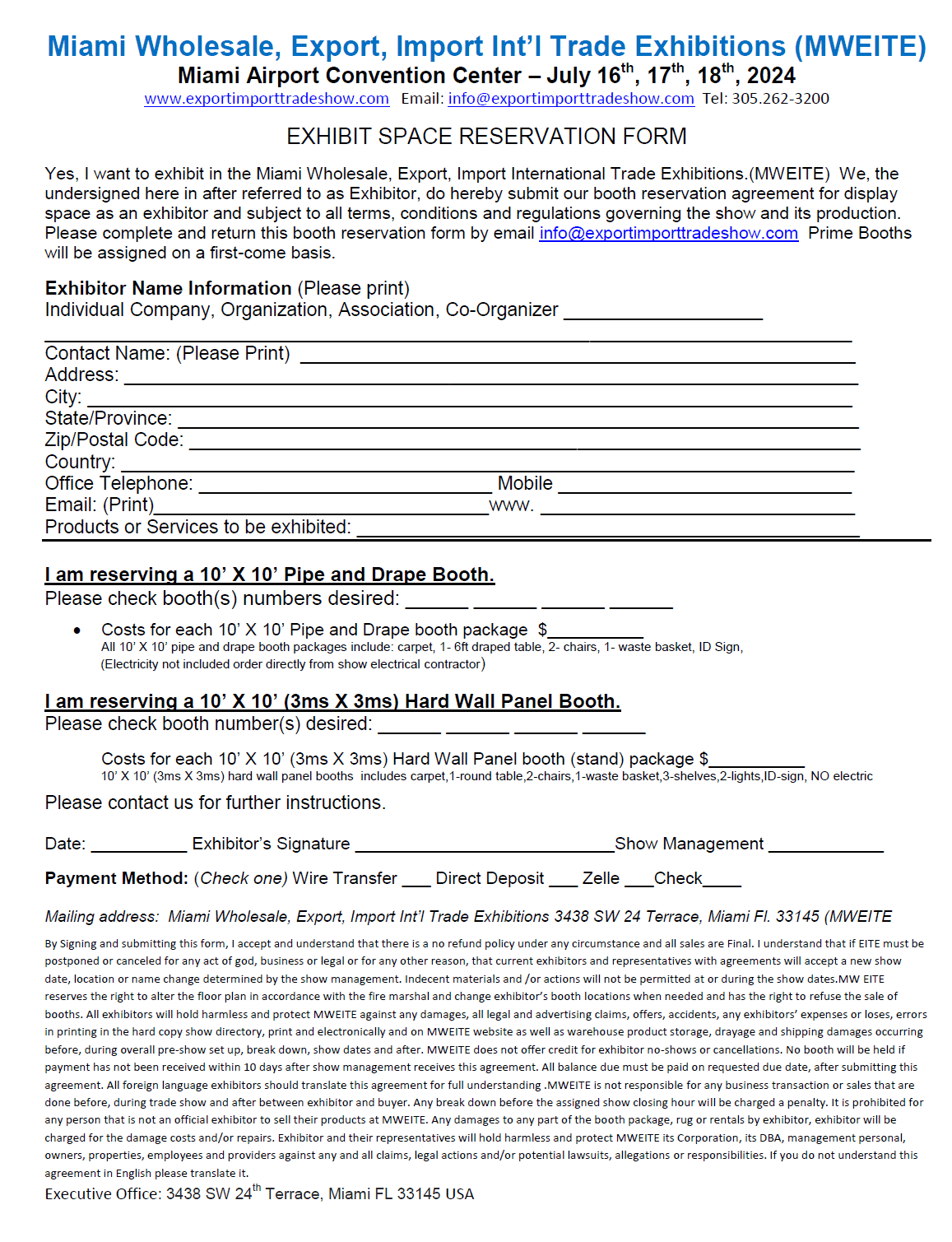 Miami Export / Import Int'l Trade Exhibition 2024, Exhibit Space Reservation Form